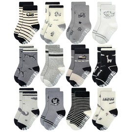 RATIVE Cotton Non Skid Anti Slip Crew Socks With Grips for Baby Infant Toddler Boys Girls (3-5T, 12-pairs/245X)