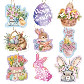 JarThenaAMCS 63Pcs Easter Paper Gift Tags Watercolor Bunny Chick Flower Name Tags Colorful Egg Rabbit Hanging Labels with 32.8Ft String for DIY Present Wrapping Spring Party Decor