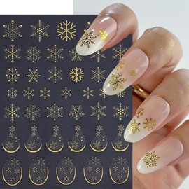 6 Sheets Christmas Nail Art Stickers 3D Self-Adhesive White Snowflake Nail Decals Winter Gold White Blue Snowflake French Nail Design Holiday DIY Manicure Decoration Supplies Accessories for Women