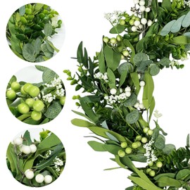 TETOU 20" Artificial Eucalyptus Wreath for Front Door, 7 Greenery Varieties with Berries, Lush Green Wreath for Home Decor Spring Porch Wall Farmhouse Decoration