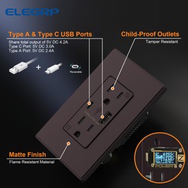 ELEGRP USB Charger Wall Outlet, USB Receptacle with USB A & USB C Ports, 15 Amp Duplex Tamper Resistant Receptacle Plug NEMA 5-15R, Wall Plate Included, UL Listed, 1 Pack, Matte Brown