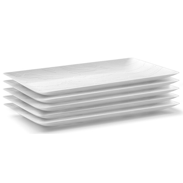 Posh Setting White Wood Grain Pattern, Disposable Premium Durable Plastic, 17" x 9" Rectangular Serving Tray, 5 Pack (White, Large 17" x 9")