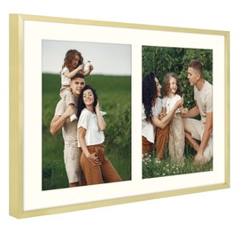 Frametory - 12x19 Aluminum Collage Picture Frame - Display 8x10 Pictures with 2 Openings Mat - Real Glass Front - Horizontal/Vertical Wall Mount - Gold 1 Pack