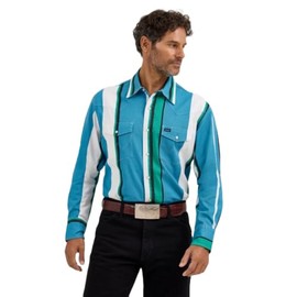 Wrangler Men's Vintage Inspired Blue Muti Stripe Snap Shirt-112368191 (US, Alpha, Medium, Regular, Regular, Blue)