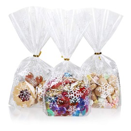 GWHOLE 100 Pcs Christmas Snowflake Cookie Treat Bag Clear Cellophane Plastic Cookie Bakery Candy Bag with Twist Ties for Party Gift Supplies