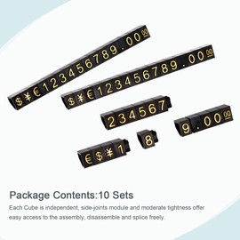 MECCANIXITY Adjustable Removable Mini Cube Price Tag Display Number Letter Price Label Stand Block Kit for Shop Counter Gold on Black,3.8x6.9mm,10 Sets