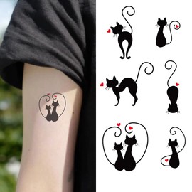 Oottati Small Cute Temporary Tattoo Sticker Set of 2 - Black Cat Tail Totem Love Heart Couple Designs for Hand Neck Face Wrist, Waterproof Fake Body Art, Simple & Modern Unisex Skin Decals