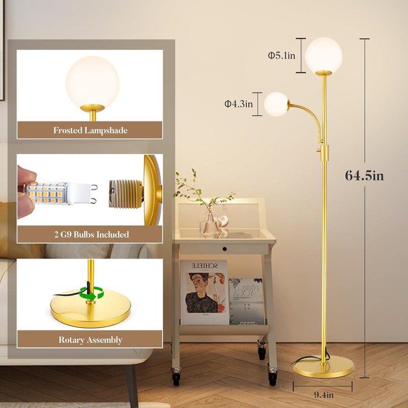 Lightdot 63IN Dimmable Globe Floor Lamp, Brass Standing Lamps with