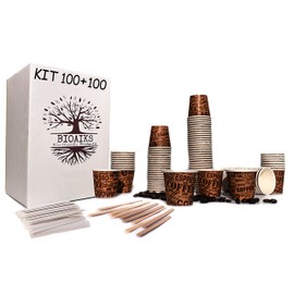 Bioaiks 100 Paper Coffee Cups with Wooden Scoops - Biodegradable, Brown, 75 ml
