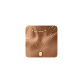 LOYATA Layered Gold Necklaces for Women，Initial Pendant Necklace for Women Tiny Beaded Necklace Chain Hexagon Dainty Letter Necklace Gold Trendy Jewelry for Women