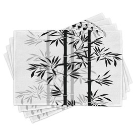 Ambesonne Tree of Life Place Mats Set of 4, Monochrome Simple Design Silhouettes of Tree Leaves Japanese Boho Image, Washable Fabric Placemats for Dining Table, Standard Size, White and Black