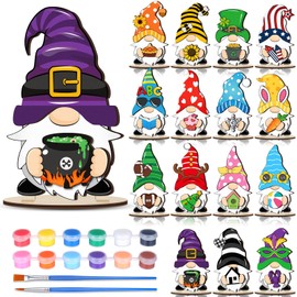 Wonderjune 14 Pack Interchangeable Unfinished Gnome Wood Decor, Color Your Own Gnome DIY Wooden Painting Slices Blank Changeable Gnome Ornaments for Tiered Tray Table Home Seasonal Holiday Decor Gift