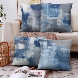 Set of 4 Blue and Grey Abstract Art Artwork Pillow Cover 20 x 20 Inch, Gallery Modern Decorative Throw Pillows Cushion Cover for Bedroom Sofa Living Room
