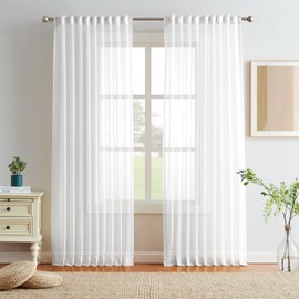 Melodieux White Curtains with Ruffle Tape for Living Room, Rod Rocket Curtains No Drilling, Semi-Darkening Curtains for Bedroom, Kitchen (Set of 2, 225 x 140 cm)