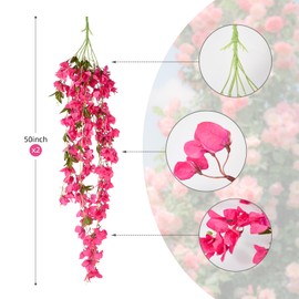 2 PCS 50 Inch Silk Bougainvillea Artificial Flowers, Faux Triangle Plum Flowers，Fake Bougainvillea Vine, Using for Wedding Porch Home Centerpieces Party Garden Indoor Outdoor Spring Decor (Rose Red)