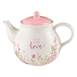 With Love Floral Inspirational Teapot for Women, Faith Hope Love Pink Floral, Microwave Safe, Lead & Cadmium-free, 36oz. Ceramic