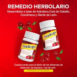 Remedio Herbolario Extracto Arandano Diente Leon Cola Caballo Cocolmeca Coadyuvante Mal Orin Retención Liquidos Frasco Cápsulas
