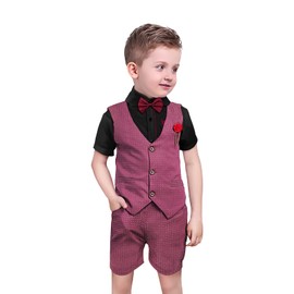 Nwada Baby Boys Gentleman Set for Children Christening Clothing Suit for Summer, Children's Suits for Wedding, Vest + Shirt + Shorts + Bow Tie 2-7 Years, red black