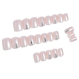 TOGZOM White Press on Nails Short Square With Designs - Glossy False Acrylic Nails, Solid Color Rhinestones, Glue on Full Set - Pink Stick on for Women Girls 24 Pcs