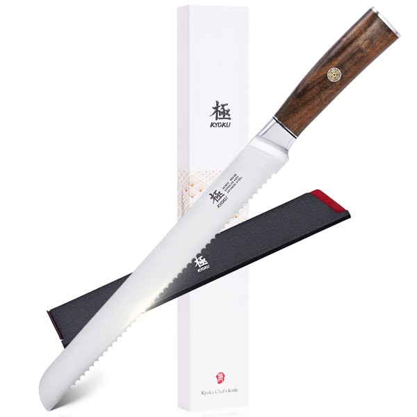 KYOKU 10 Inch Bread Knife - Daimyo Series - Serrated Knife with Ergonomic Rosewood Handle, and Mosaic Pin - Japanese 440C Stainless Steel Bread Cutter with Sheath and Case
