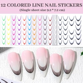 Calkkrer Pack of 12 Colourful French Line Nail Stickers, Gradient Nail Stickers, French Tip Nail Design Accessories, 3D Nail Stickers, Stripe Lines Nail Art Accessories