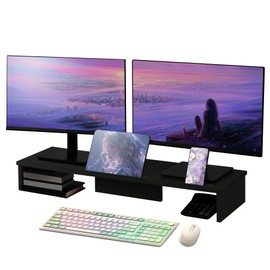 Dual Monitor Stand Riser with Phone Tablet Holder, 35.8in Large Monitor Stand for Desk, Computer Monitor Stand for 2 Monitors, Desk Shelf for Top of Desk, Desktop Organizer for Laptop, Printer, TV