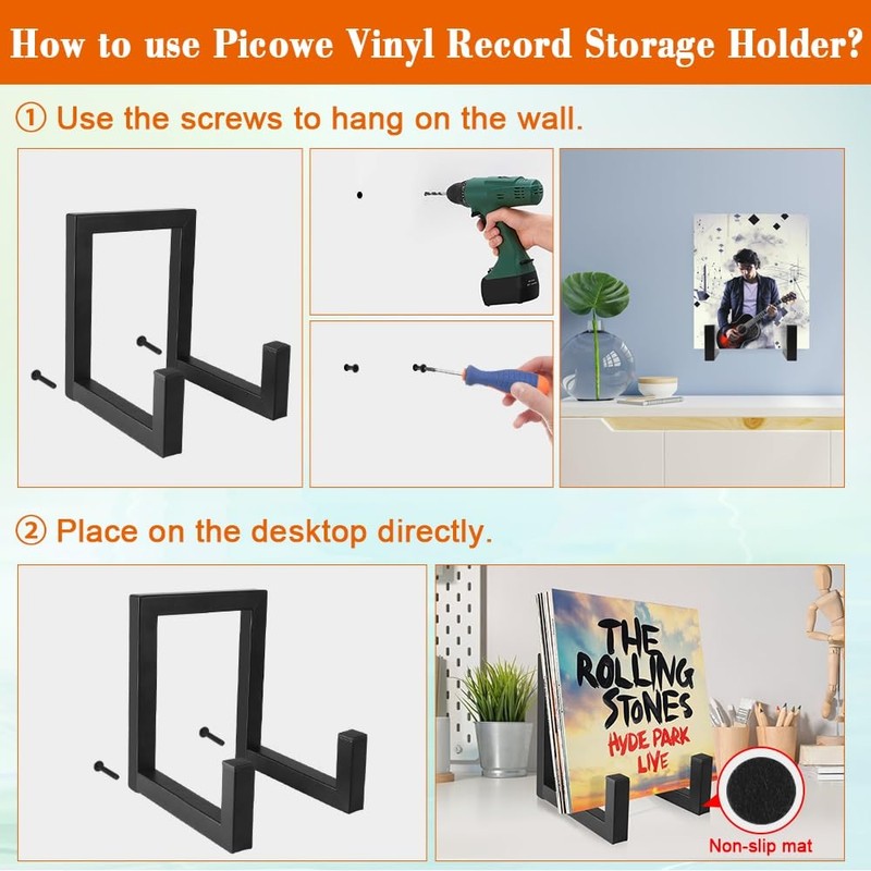Picowe Vinyl Record Storage Holder, Large 8" Black LP Record