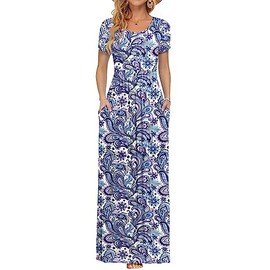 AUSELILY Women's Short Sleeve Loose Plain Casual Long Maxi Dresses for Women 2025 Bandanna White Pink S