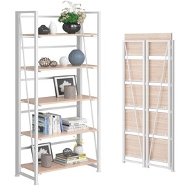 BHG Vintage Multifunctional Folding Bookshelf, No-Assembly Plant Stand Storage Rack Shelves for Home Office (White, 5-Tier)