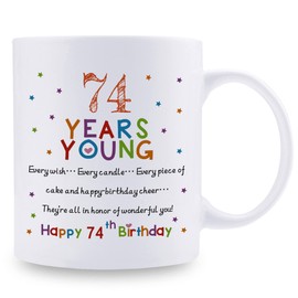 aiyaya - Taza de café de 74 años para mujeres y hombres, 74 años de cumpleaños, regalo de 74 cumpleaños para abuela, abuelo, mamá, papá, amigo, hermana, hermano, tía, compañera de trabajo, taza de café de 11 onzas
