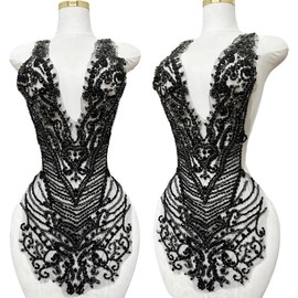 Handmade Rhinestones Large Bodice Applique Glass Stones Beads Bright Crystal Lace Patches Accessories for Weding Dress Decorations (Black)