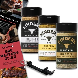 Kinders BBQ Rub Seasoning 3 PK Bundle (16.7 oz) Prime Steak with Black Garlic & Truffle, Kinder's Buttery Steakhouse, Kinder's The Blend Seasoning with Salt, Pepper & Garlic + Guide & Opener 5 Items!
