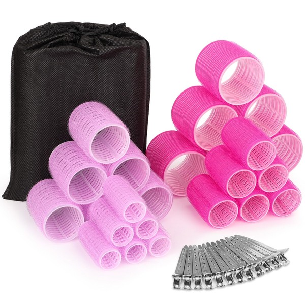 Rollers Hair Curlers 36 Pcs Set with 24Pcs Hair Curlers 4 Sizes (6 Jumbo Rollers, 6 Large Rollers & 6 Medium Rollers & 6 Small Rollers) and 12 Pcs Hair Clips for Long Medium Short Hair, Pink