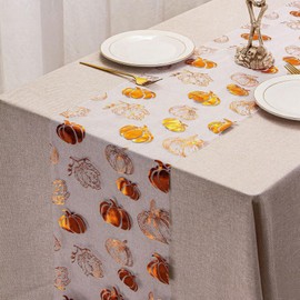 Fall Pumpkin Table Runner, Thanksgiving Sequin Glitter Foil Metallic Thin Mesh Runners, 11 * 108", Maple Leaves Designs Orange Autumn Farmhouse Table Runner for Seasonal Party Home Decor