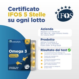 Omega 3 IFOS 5 Stelle Certificato, 90 capsule in Blister da 1000mg in forma Trigliceride, Senza Retrogusto. Olio di pesce ad Alto dosaggio, Ricco di EPA e DHA, Trigliceridi, Cuore, Cervello, WESALYS