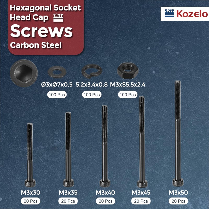 Kozelo 400pcs M3 Hex Socket Cap Bolt Kit Cap Bolt