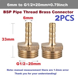 MiJunHD 2PCS Brass Reducer Connector | 6mm Hose Barb Tail to G1/2≈20mm BSP Thread | Pipe Thread Reducing Joint Tubing Plumbing Adapter for Connection & Converting Pipe