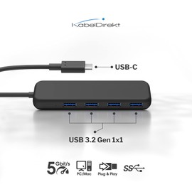 KabelDirekt USB Hub & Adapter, USB-C Male 4 USB 3.0 Ports (Slim Design for More Ports to PC/Notebook/Tablet/Smartphone, Macbook Compatible, USB SuperSpeed with 5Gbps, Black)