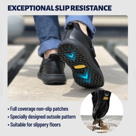 Delobi Non Slip Shoes for Men, Food Service Slip Resistant Work Shoes in Restaurant Kitchen Hospital, Breathable Lightweight Sneakers - Zapatos Antideslizantes para Hombres Black Size 9.5 Wide