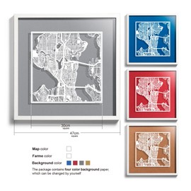 O3 Design Studio Seattle Cut Map Framed, White map, White Frame, 18x18 inches, Paper Cutting Art Work, Gift Boxed, 4 Background Color, self-Changing, Wall Art