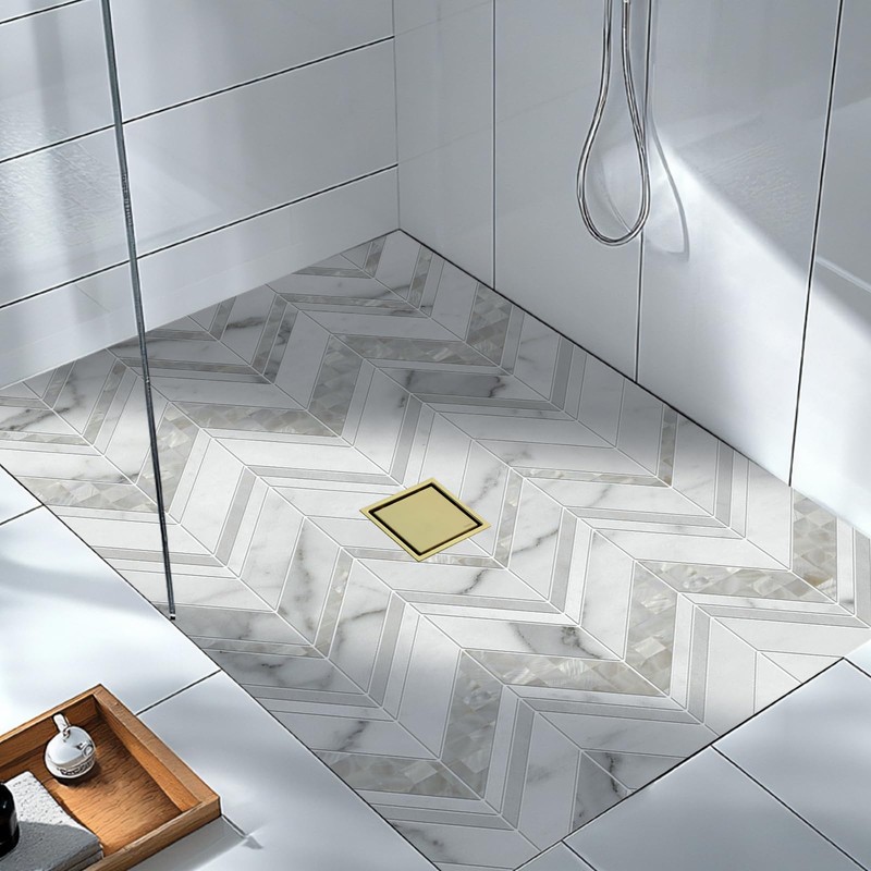 4-Inch Square Shower Drain, Brushed Gold Floor Drain with Flange,