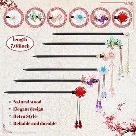 WILLBOND 6 Pcs Chinese Hair Chopsticks for Women Wooden Hair Accessories Japanese Floral Sticks Retro Tassel Flower Vintage Hairpins Handmade for Women Long Curly(Classic Style)