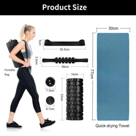 Aucuu 6 in 1 Foam Roller Set Includes Hollow Core Massage Roller, Yoga Stick, Massage Ball, Fitness Stretching Strap, Carrying Bag, Towel, Massage Roller (Black)
