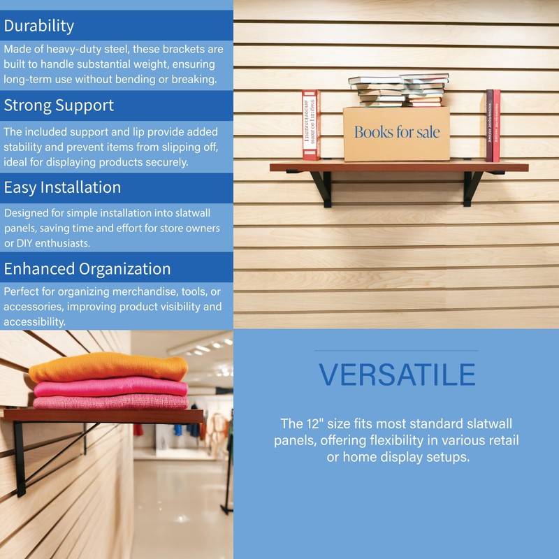 12" Black Heavy Duty Slatwall Shelf Bracket with Support &