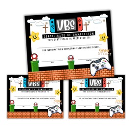 VBS Vacation Bible School Certificate of Completion | 50 pk 8.5x11” Attendance Award for Kids Video Game Gamer Themed School Participation