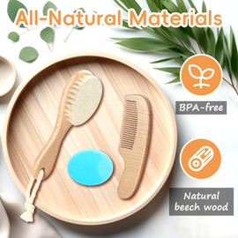 Baby Hair Care Kit, Wooden Natural Goat Bristles Brush Cradle Cap Comb + Green Baby Shower Scrubber Set for Newborns Toddlers Boys Girls Baby Grooming Kit
