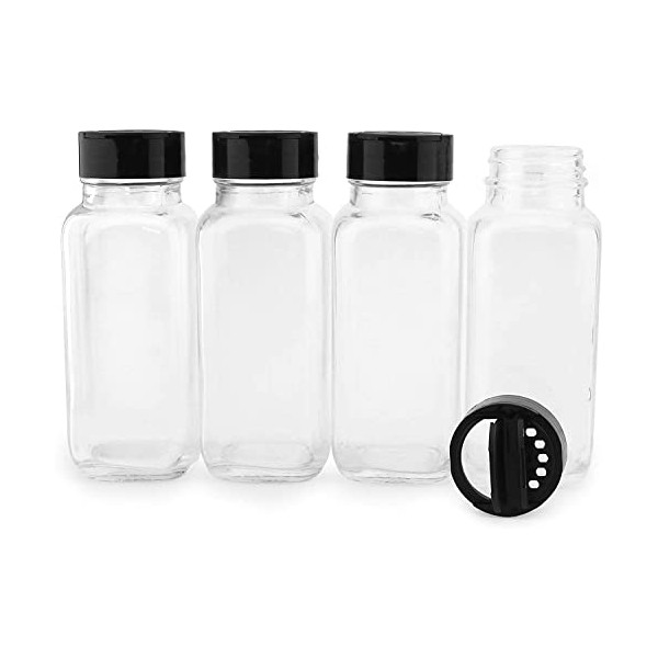 French Square Spice Jars, Spice Shaker/Pourer with Lid (4 Pack); 1-Cup / 8 Fluid Ounce Capacity, Great for Spices, Herbs, Seasonings and More