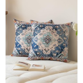 Vorysum Set of 2 Bohemian Style Cushion Covers 45x45 cm Retro Floral Mandala Compass Medallion Decorative Square Throw Pillow Covers 18x18 Inch Sofa Pillowcase for Bed Living Room Couch Decor (Blue)