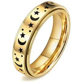 DURSI Moon Star Spinner Fidget Ring for Anxiety Women Men Worry Rings for Girls Boys Kids Stainless Steel Engagement Wedding Promise Band (18K Gold, Size 12)
