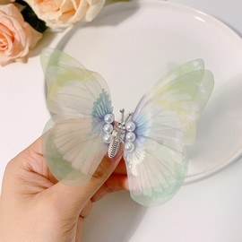 Butterfly Hair Clips Fine Glitter 3D Colorful Gradual Change Cute Spring Wing Butterfly Hairpin with Pearl Organza Barrettes Moving Hair Accessory for Girls Teens Women (Yellow Green)